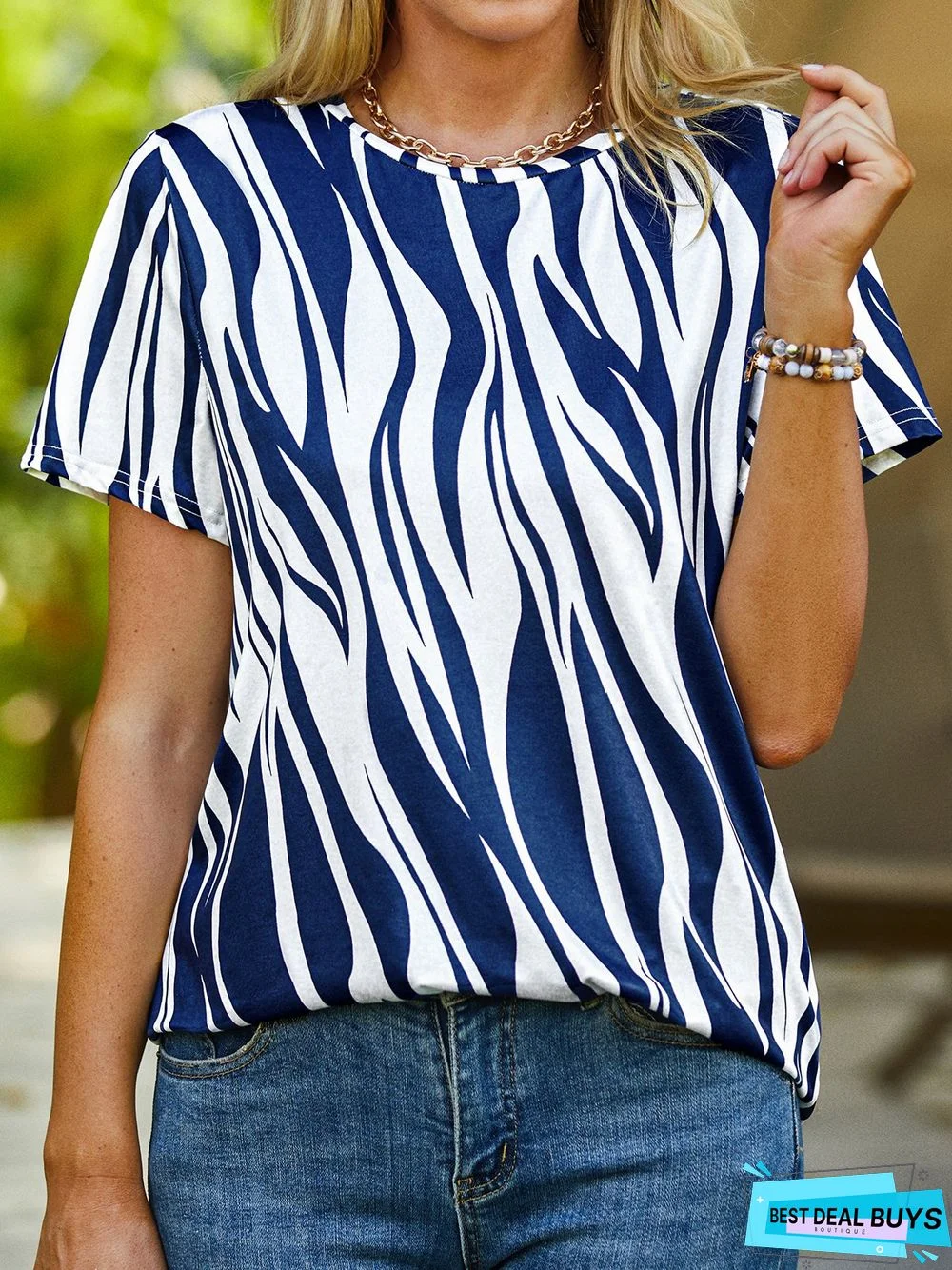 Striped Summer Casual Daily Standard Short sleeve Fit Crew Neck H-Line T-shirt for Women