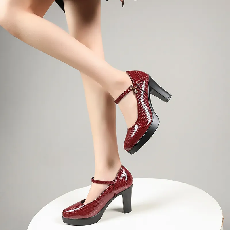 Breakj Breakj Mary Shoes Fashion Spring And Autumn Mid-Fashion Fashion Thick Heel Tip Buckle Waterproof Table Printing Surface Polyurethane