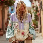 Women's Floral Embroidery Color Block Boho Casual Zip-up Hoodie - Image 6