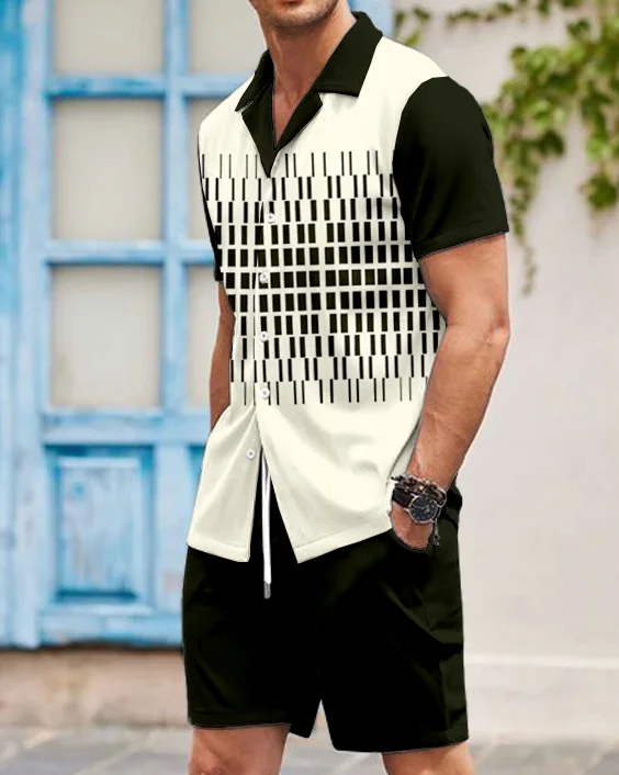 Suitmens Men's Simple Geometric Art Short Sleeve Shirt Set  0237