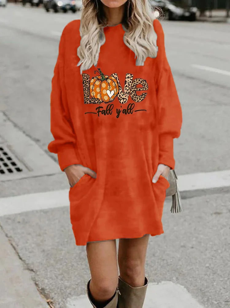 Halloween Pumpkin Casual Print Long Sleeve Sweatshirt Dress