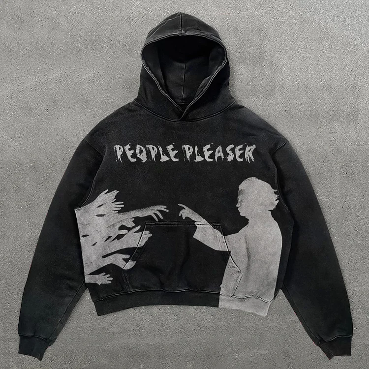 People Pleaser Print Graphic Casual Street Washed Hoodie SOPULA