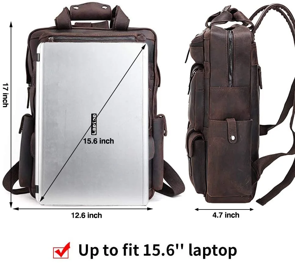 Vintage Genuine Leather Backpack 14 Inch Laptop Bag Multi Pockets School Travel Daypack
