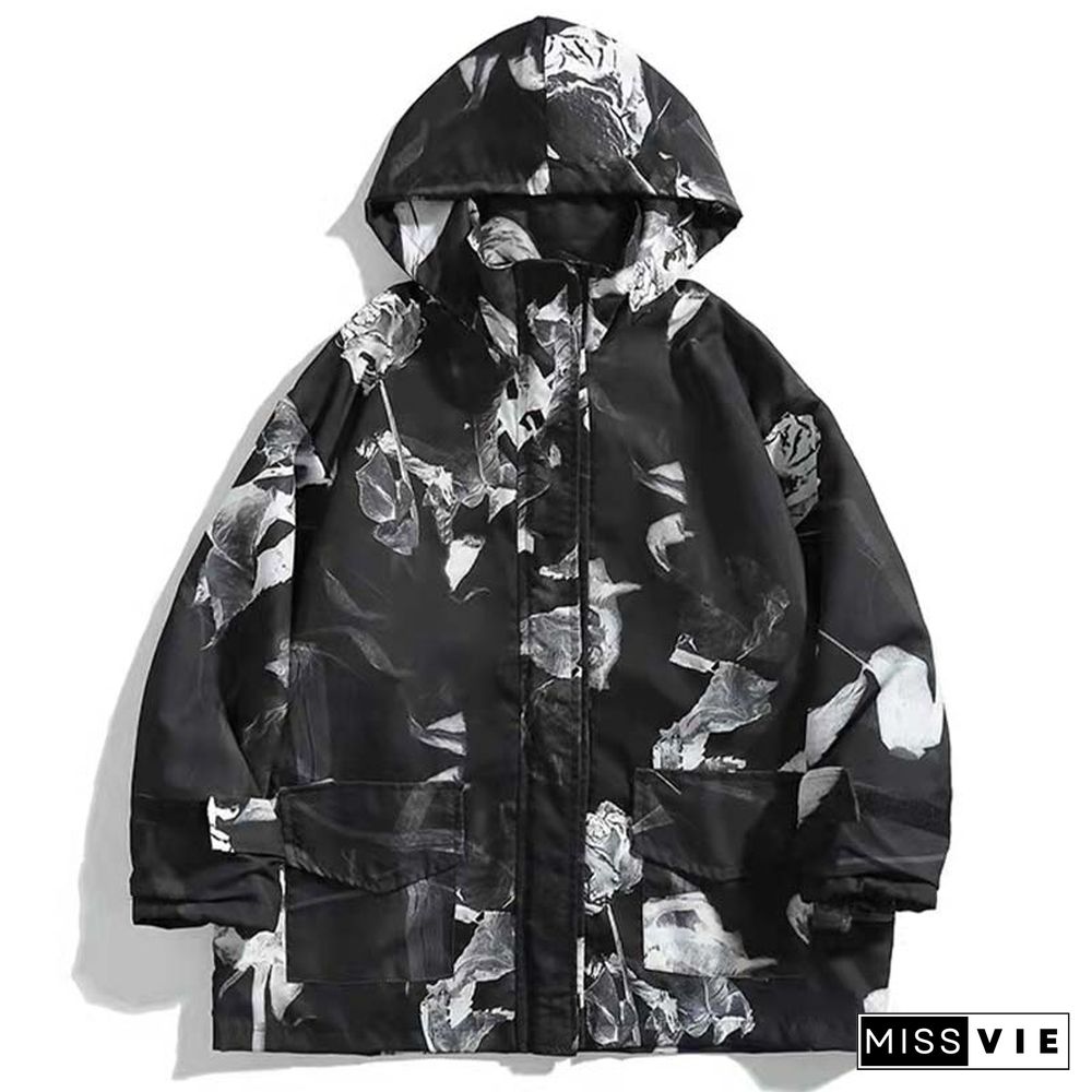 Dry Rose Pattern Print Shirt Hooded Coat