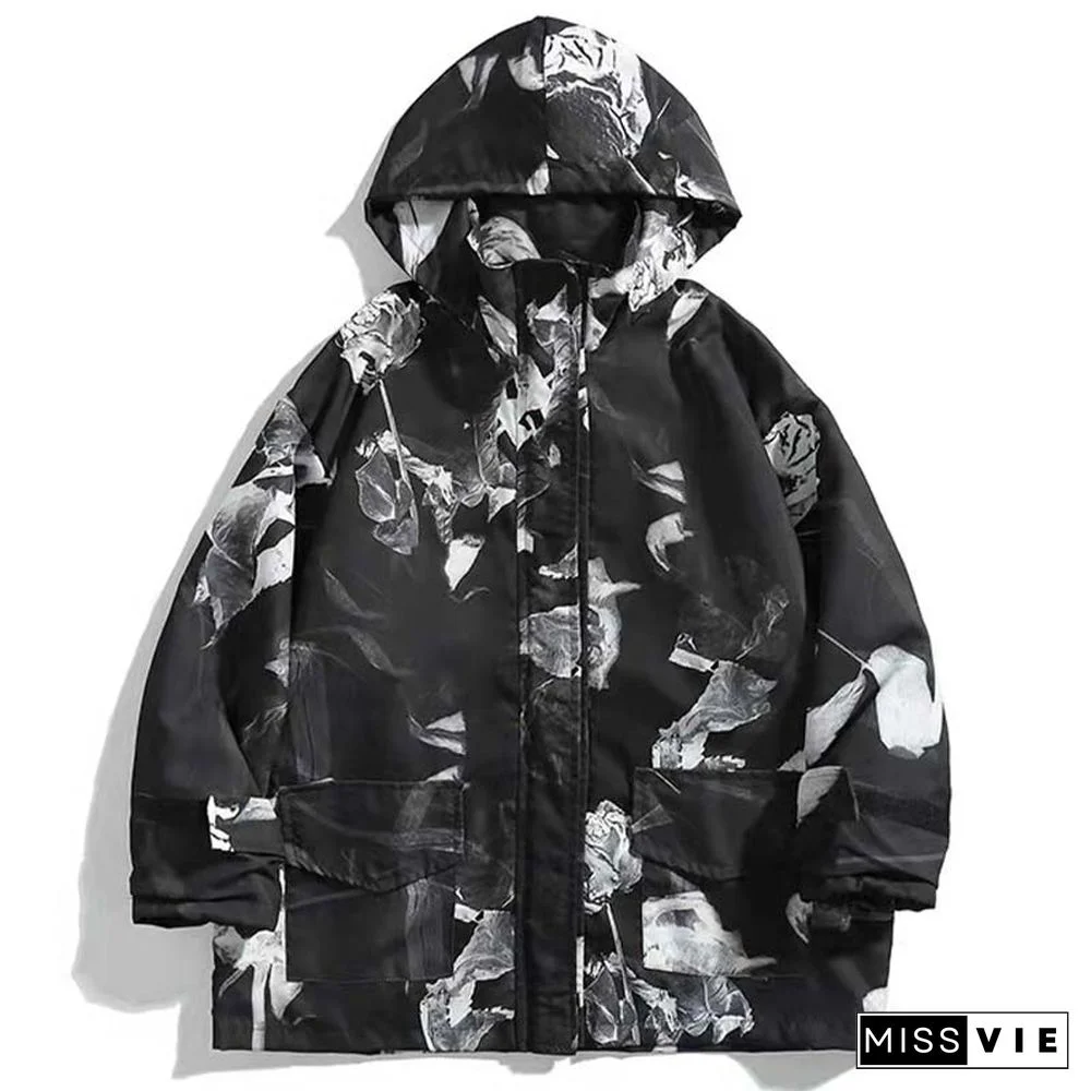 Dry Rose Pattern Print Shirt Hooded Coat