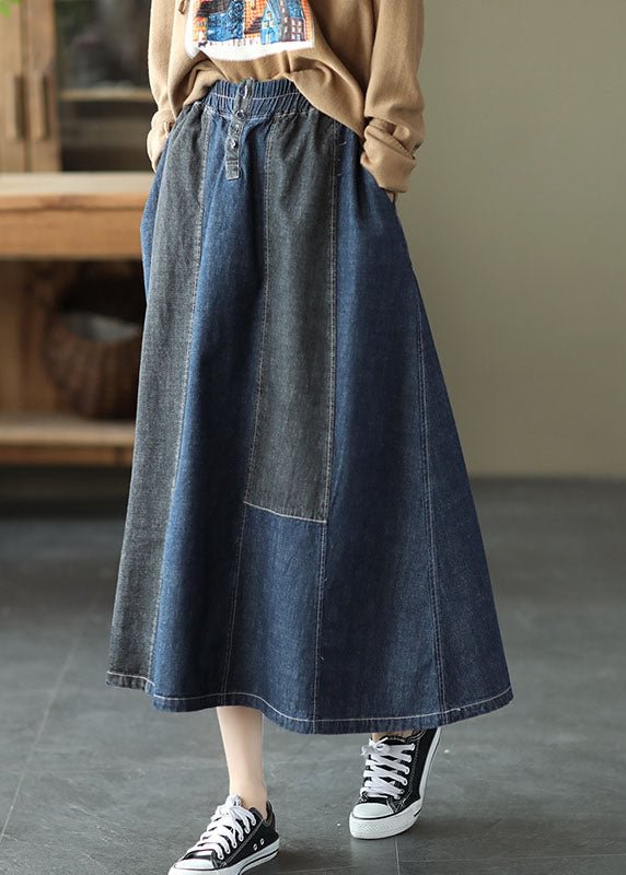 Dark Blue Denim Skirt Elastic Waist Button
