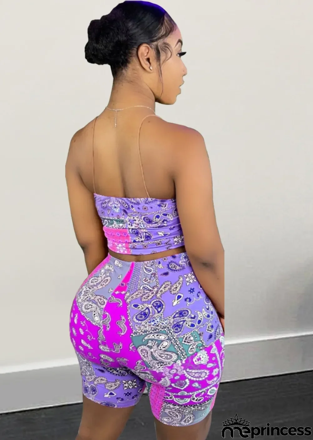 Summer Print Retro Sexy Strap Crop Top and Biker Shorts 2 Piece Set