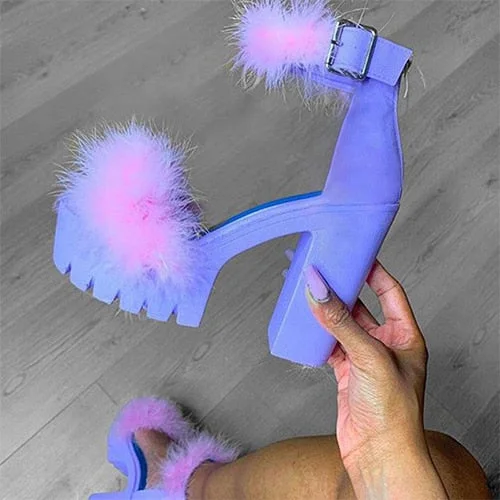 Back to college Women Sandals Fluffy High Heels Summer Fur Shoes 2022 Casual Ankle Buckle Fashion Shoes Non-Slip Outside Sandals Big Size 43