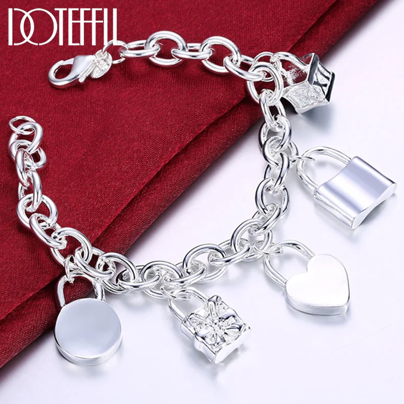 DOTEFFIL 925 Sterling Silver Bracelet Heart / Circle / Square Lock Bracelets Bangles Woman Man Jewelry