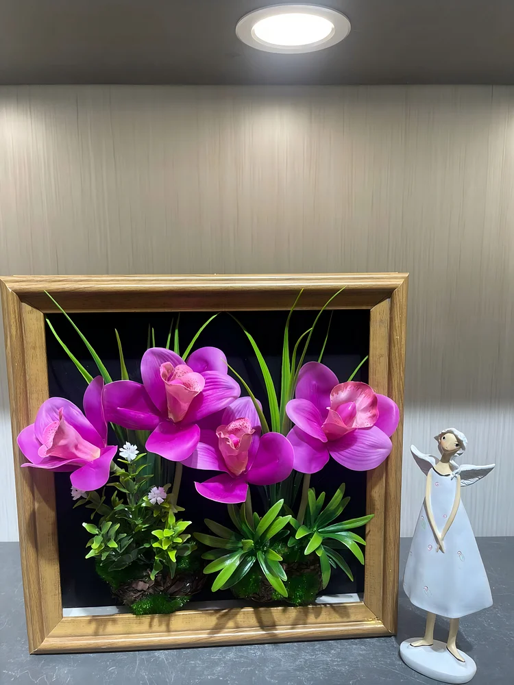 Artificial Purple Cymbidium Orchid Arrangement in Natural Wooden Framed Display（Size:12 in*12 in）