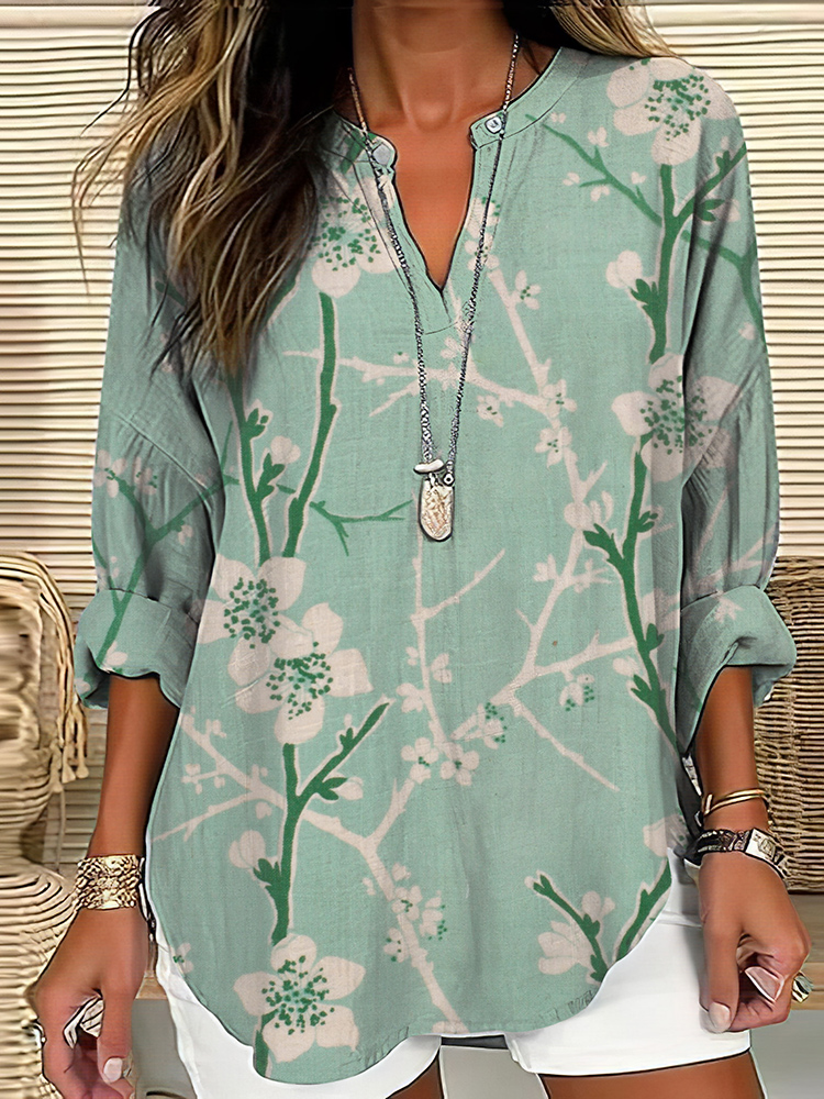 Comstylish Vintage Cherry Blossom Art Linen Blend Tunic