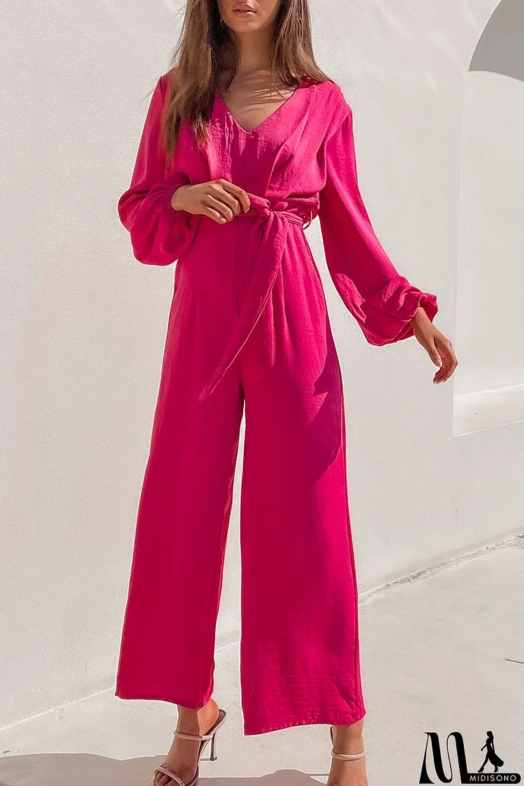 Rose Bishop Sleeve Belted Wide Leg Jumpsuit