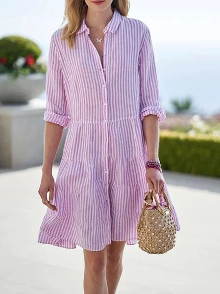 Linen Loosen Striped Casual Long Sleeve Woven Dress