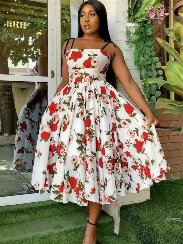Flower Print Pleated Skirt Sexy Women's Dress