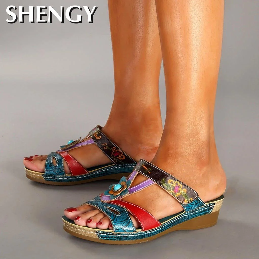 New Women Summer Slippers Ethnic Style Floral Print Open-toe Wedges Open Women Shoes Casual Beach Ladies Plus Size Slippers