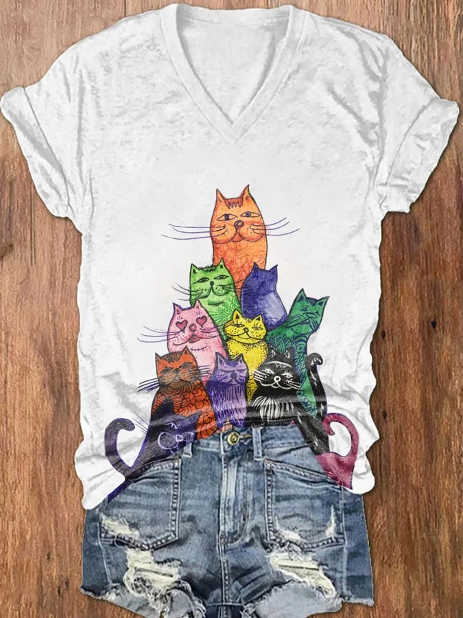 Women's Cute Cats Print Casual V-Neck Tee