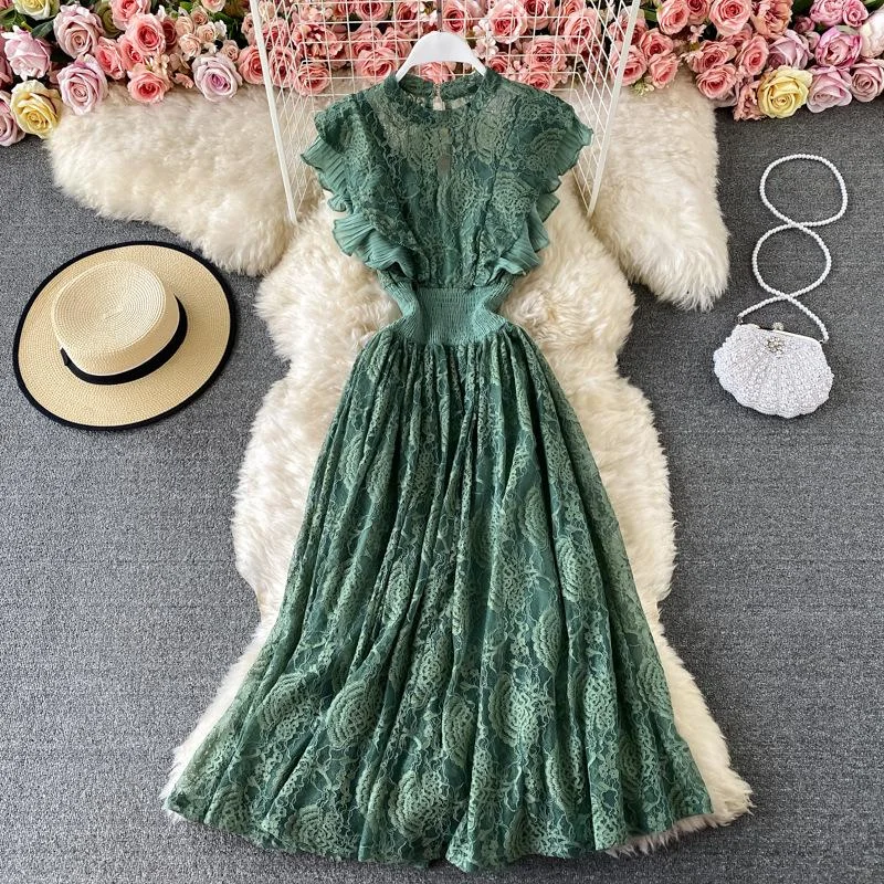 Prom Dresses Lace Hollow Out Round Neck Ruffled Sleeves Maxi Swing Dresses