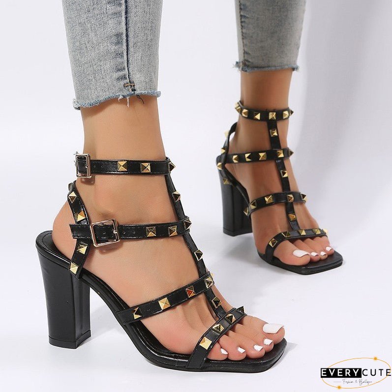 Gladiator High Heels: Women's Rivet Sandals with Buckle Strap and Square Toe