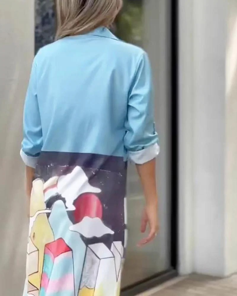 Lapel Long Sleeve Print Dress