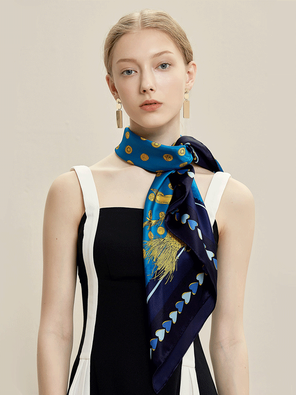 Blue Printed Silk Scarf For Women 1021190131 90*90