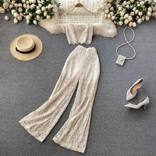 FTLZZ Summer Women Sexy Lace slimTwo Piece Set V-neck Sling Top High Waist A-line Wide Leg Pants Ladies Beach Solid Color Sets