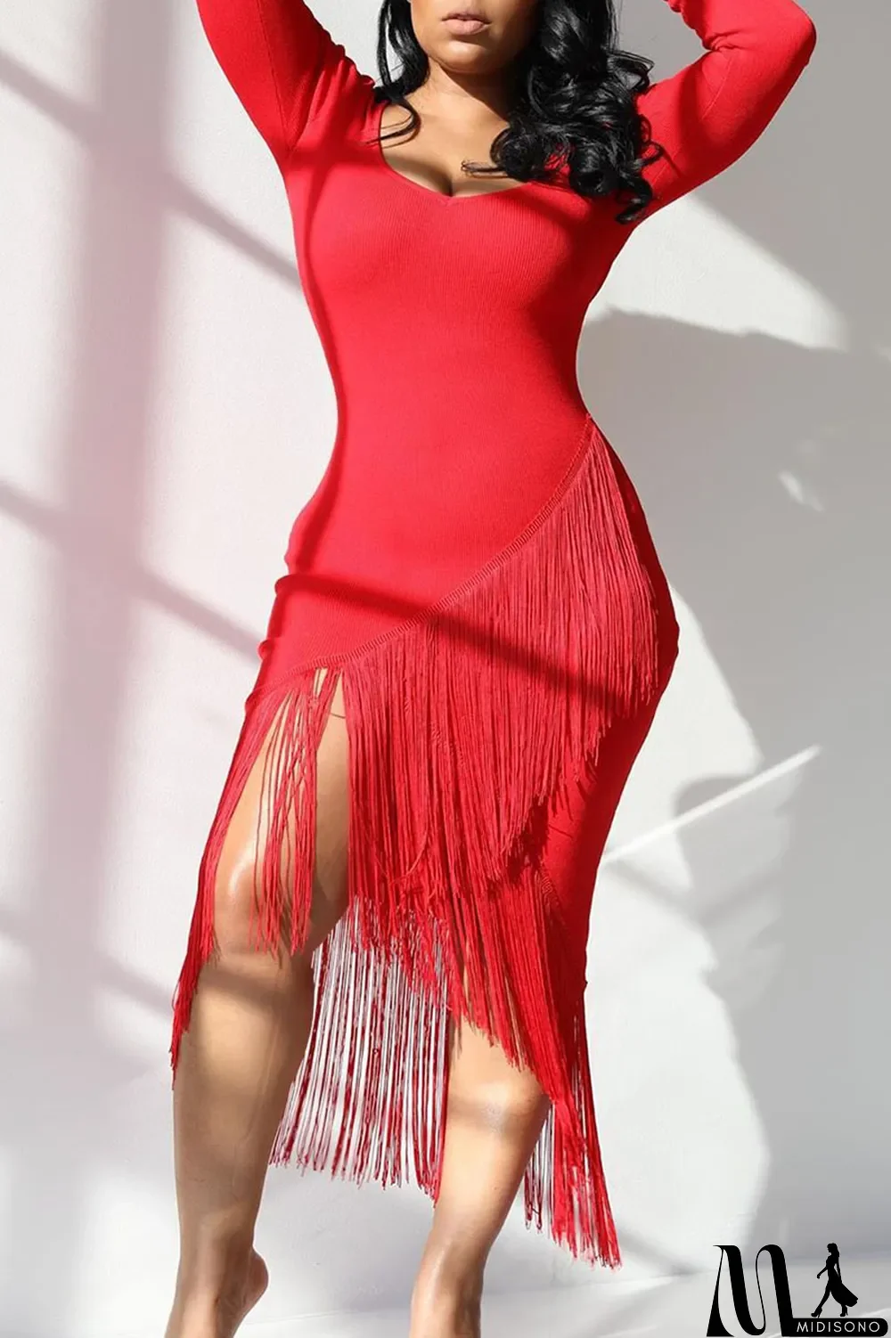 MidiSono - Red Sexy Cap Sleeve Long Sleeves V Neck Asymmetrical Mid-Calf tassel Solid Patchwork