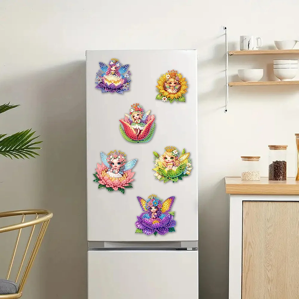 6pcs DIY Flower Elf Acrylic Special Shape Diamond Painting Fridge Magnets