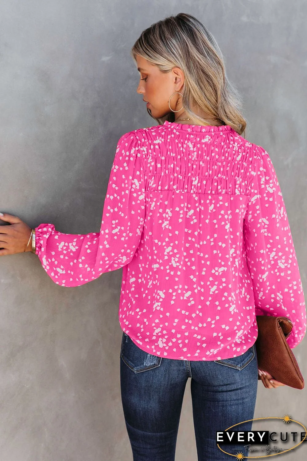 Pink Split Neck Fall Printed Crinkled Blouse