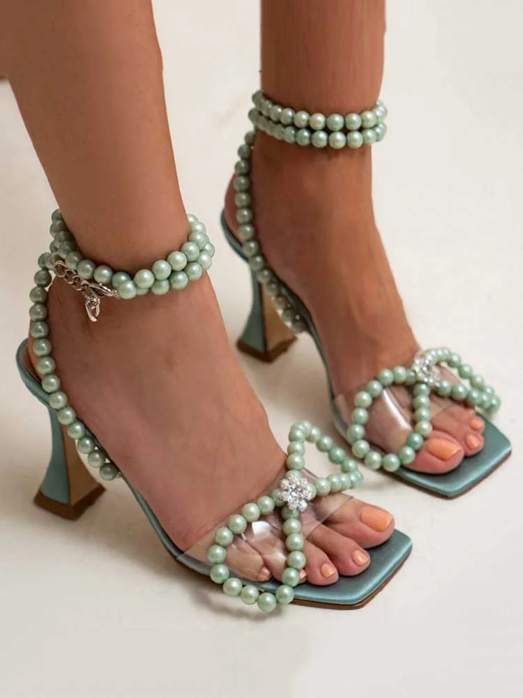 Elegant Square Toe Pearl Bow Heels