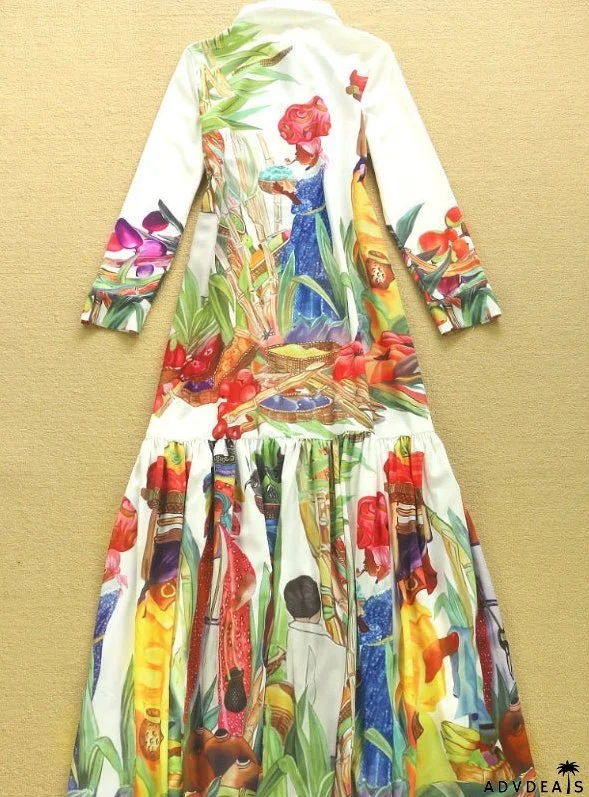 Maxi Dress with Turn Down Collar and Long Sleeves for Women