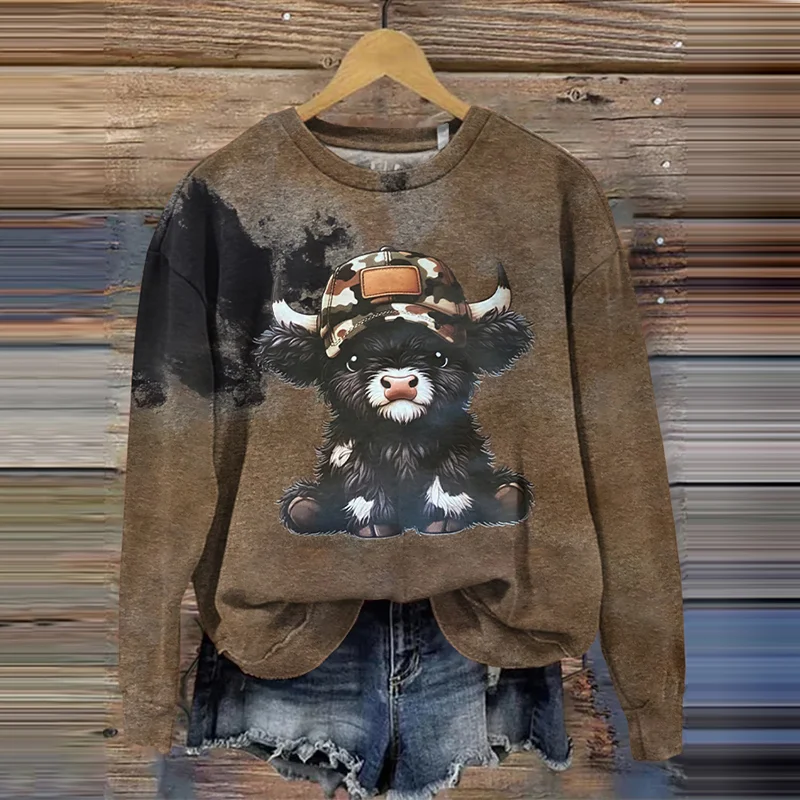 Women's Western Highland Cow Art Pattern Casual Sweatshirt