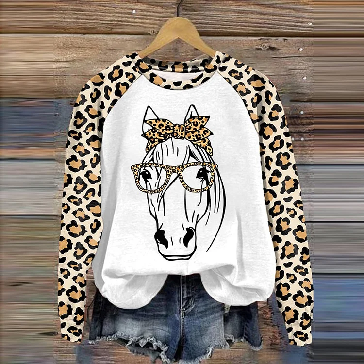 VChics Leopard Print Horse Print Crew Neck Sweatshirt