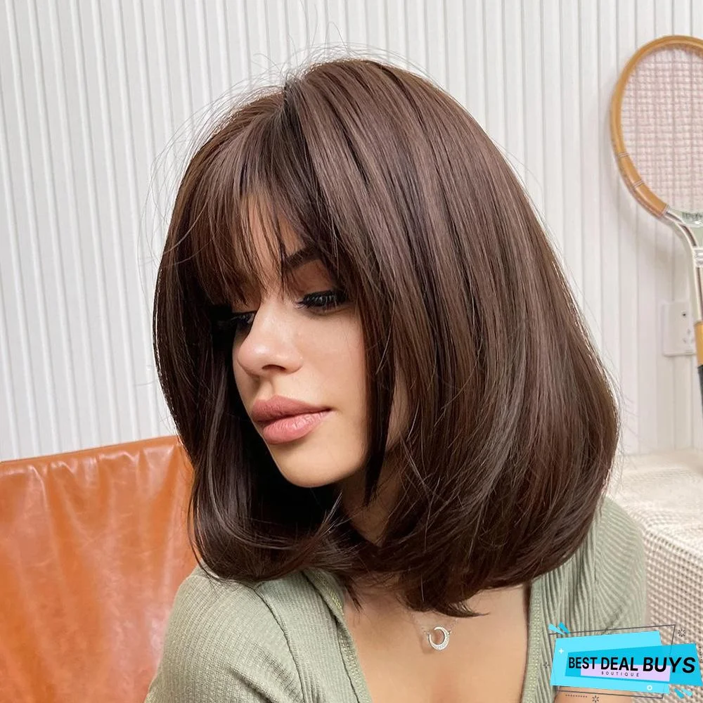 Dark Brown Short Bob Hair Wigs with Bangs Synthetic Wig