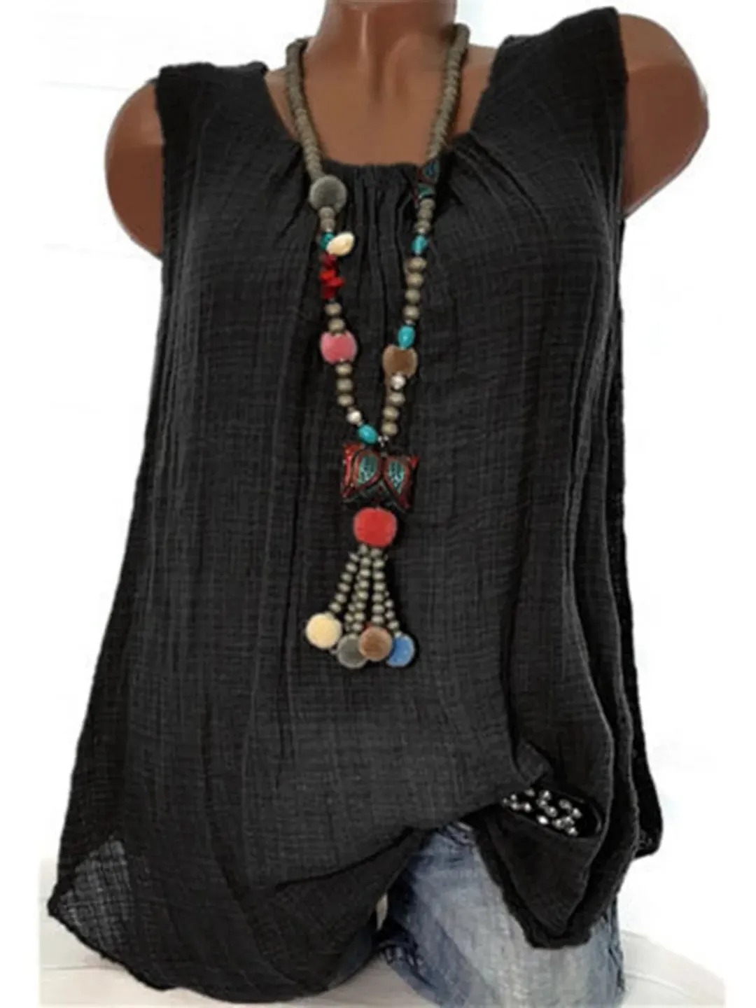 Linen Round Neck Sleeveless Cozy Tanks