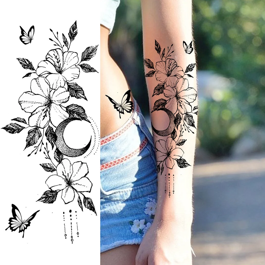 Black Lotus Pendant Temporary Tattoos For Women Adult Rose Flower Jewelry Fake Tattoo Fashion Calf Waterproof Half Sleeve Tatoos