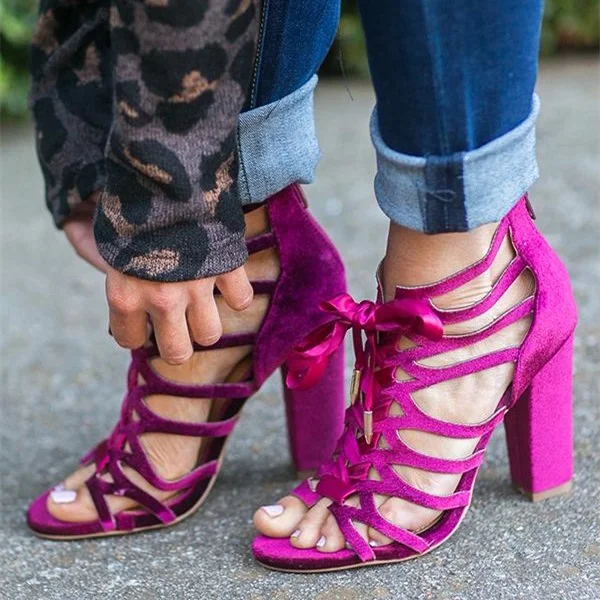 Magenta Lace up Heels Velvet Chunky Heel Sandals |FSJ Shoes