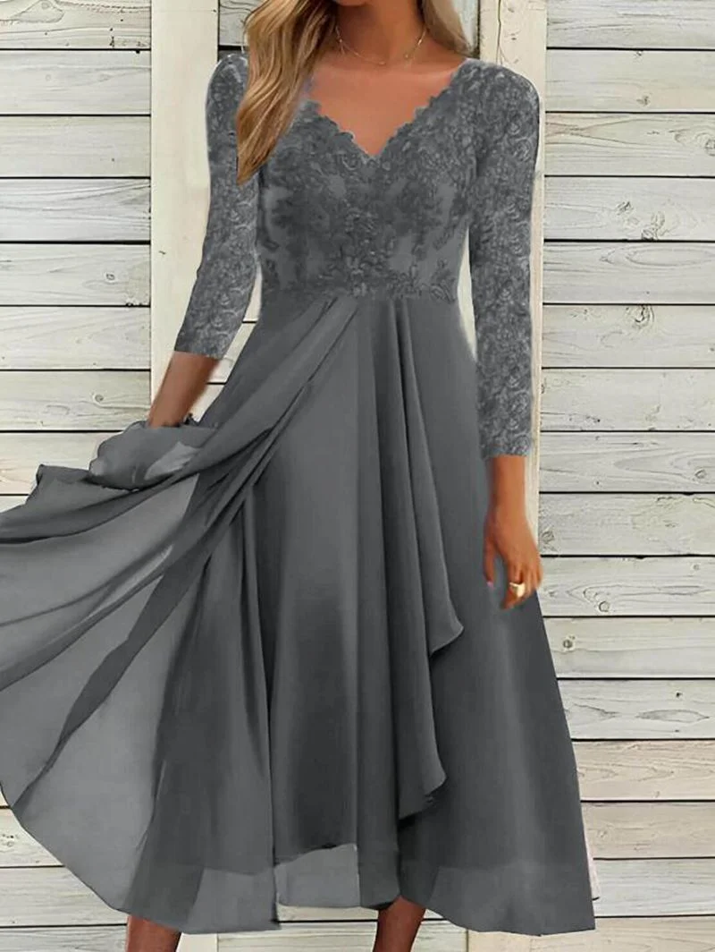 Mongw Mongw And Winter Long-Sleeved Chiffon Dress Splicing V-Neck Lace Hollow-Out Bridesmaid Evening Dress