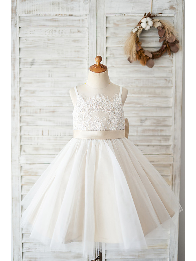 Bellasprom Sleeveless Spaghetti Strap Ball Gown Flower Girl Dress Knee Length Lace Tulle With Bow Bellasprom