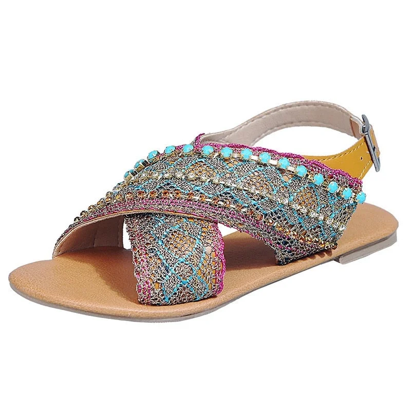 2020 Summer Women Sandals Cross-Strap Beading Flat Sandals Foreign Ethnic Style Bohemian Beach Shoes Female Sandalias Shoes