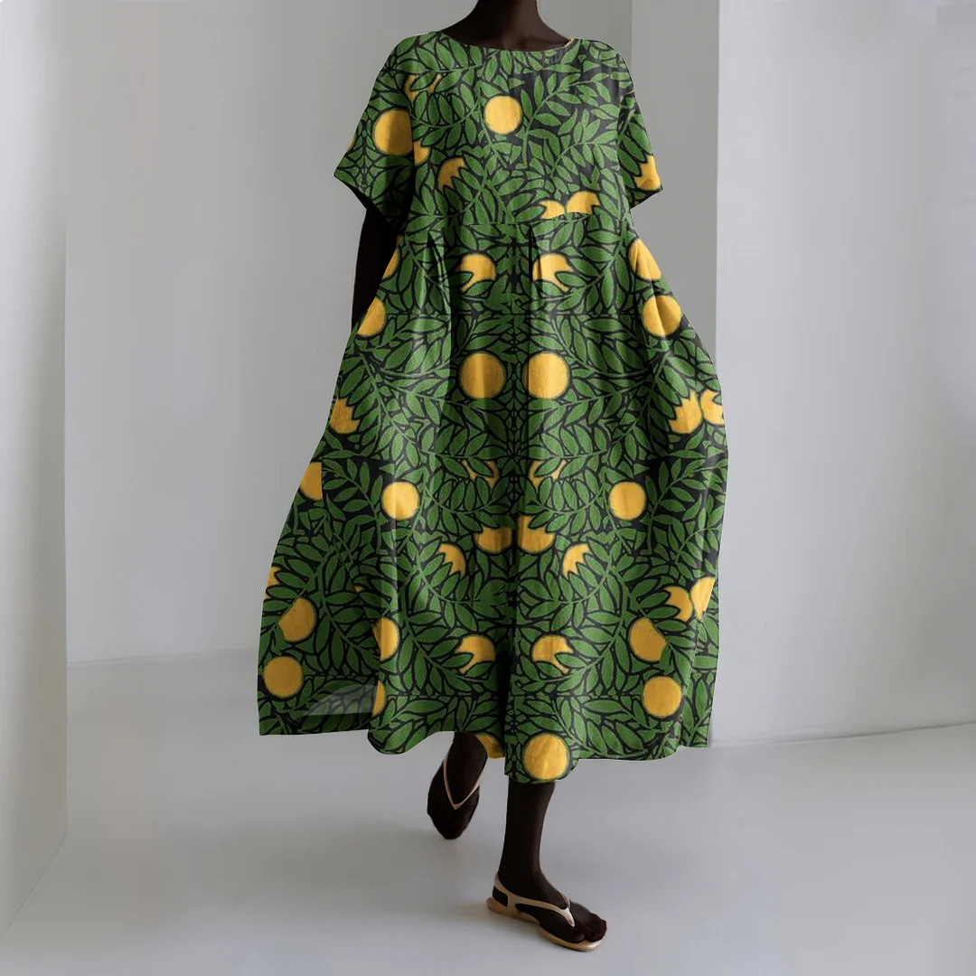 Lemon Tree Print Round Neck Short Sleeve Midi Dress