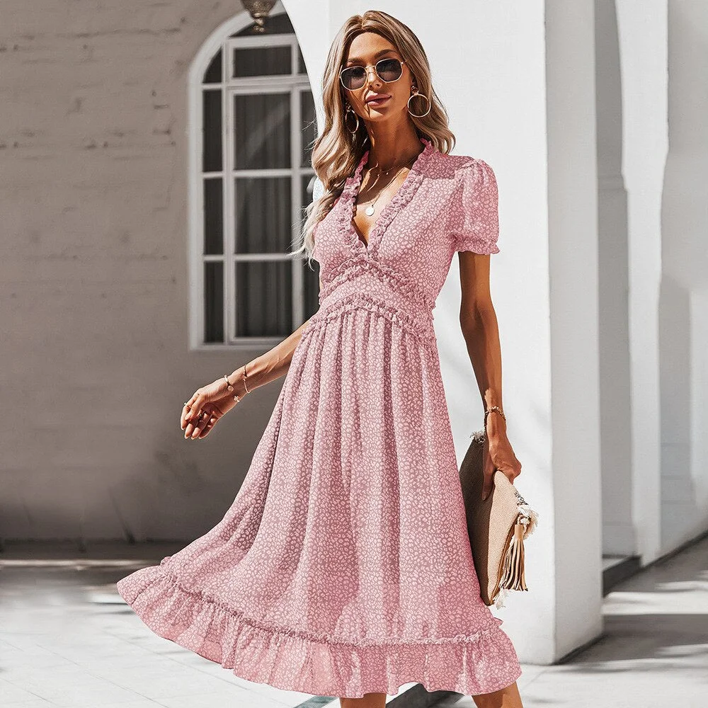 Ladies Vintage Print Chiffon Dress Women Casual Ruffles High Waist Bohemian Beach Summer Dress Women Sundress Vestidos Female