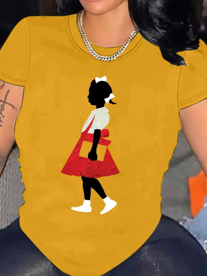 Women's Black Girl In Red Dress Art Printed Short-Sleeved T-Shirt 