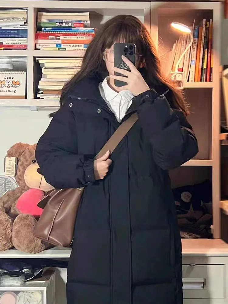 Woherb Black Down Cotton Clothes Female In The Long Style 2024 Winter Dress New Thickened Cotton-Padded Jacket Middle Drama Art Examination Students Over The Knee Coat-Outfit Ideas