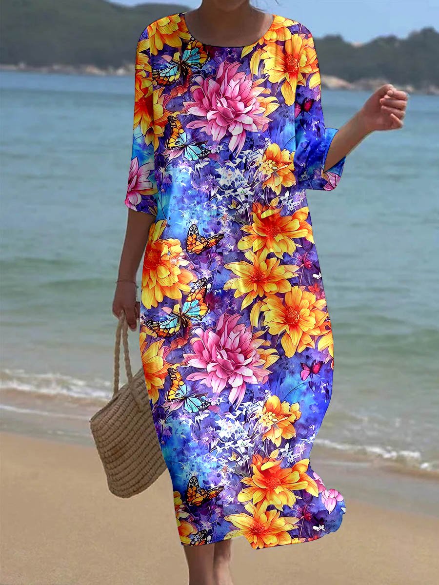 Women's Butterfly Floral Art Print Casual Resort Dress