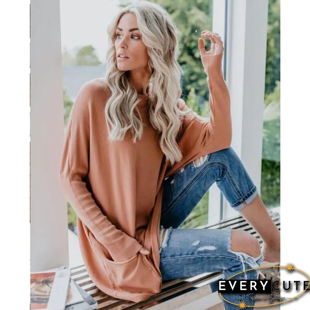 Plus Size Womens Autumn & Winter Casual Top Loose Pocket T-Shirt Long Sleeve Bat Blouse