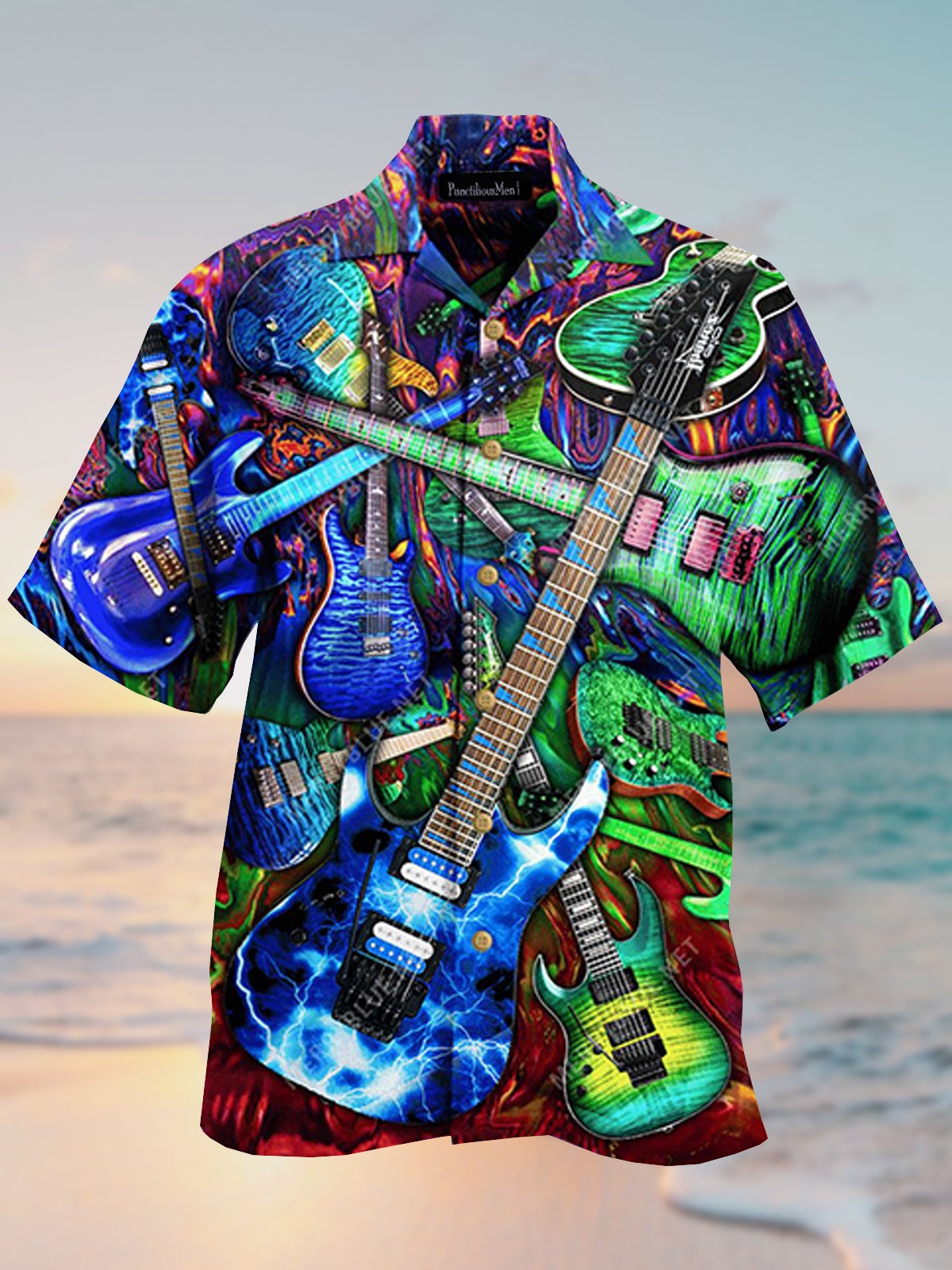Men's Abstract Art Electric Guitar Pattern Cuban Collar Shirt PLUSCLOTHESMAN