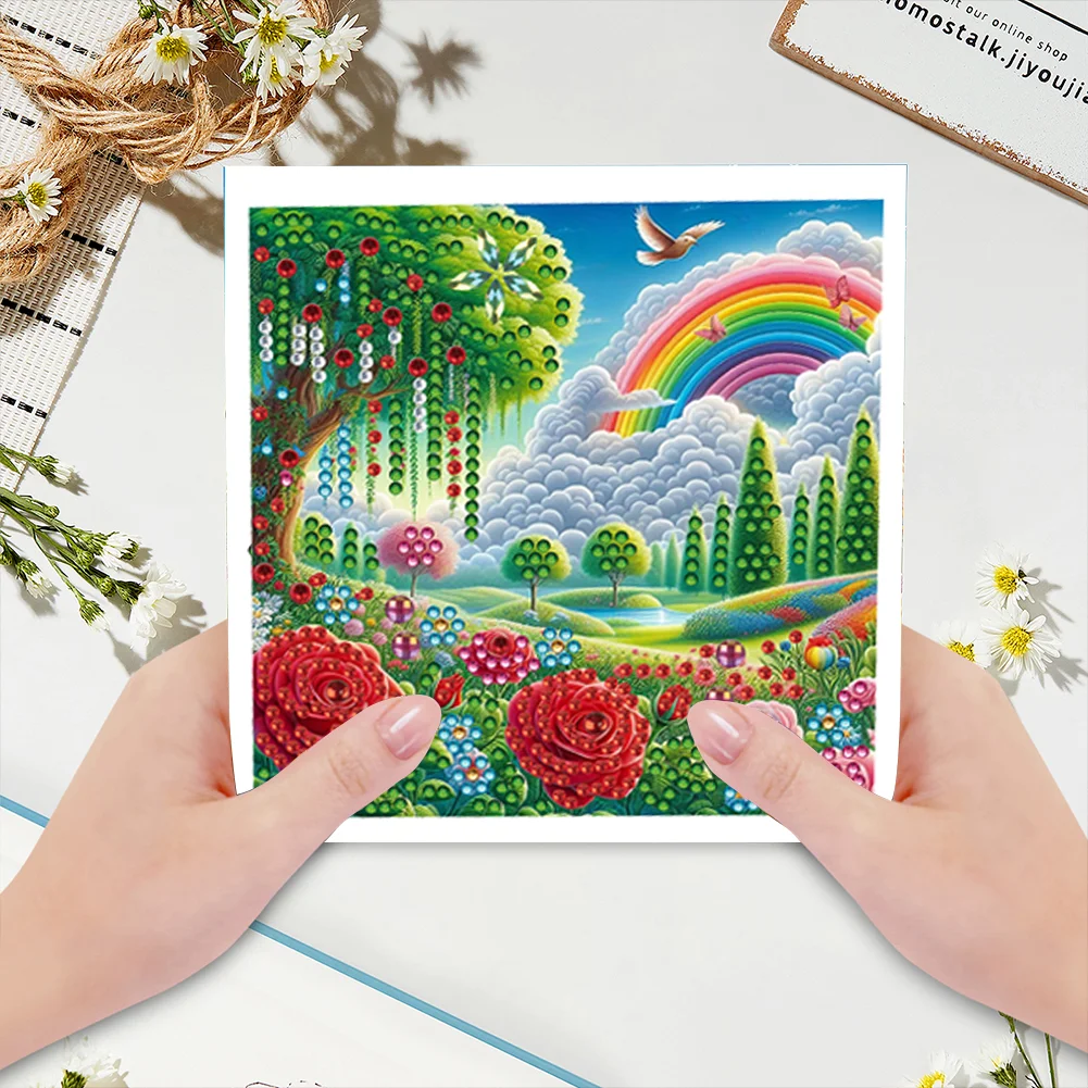 6Pcs DIY Rainbow Garden Special Shape Diamond Handmade Card for Friends Gift【With White Envelope】