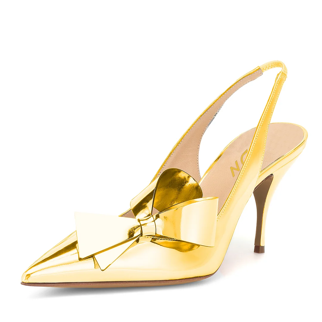 Gold Metallic Touch Pointed Bow Inlay Stiletto Heel Slingback Pumps