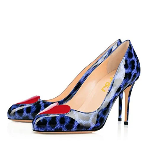 Women's Blue Patent Leather Heart Decorationed Stiletto Heel Leopard Heels Pumps |FSJ Shoes