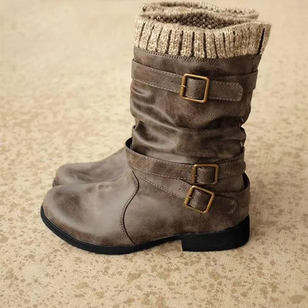 Women's PU Flat Heel Boots Mid-Calf Boots Winter Boots With Buckle Shoes